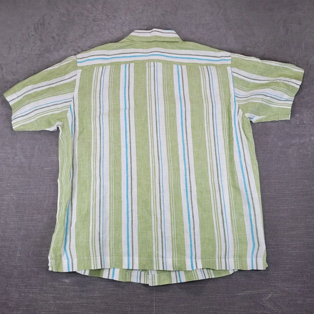 Banana Republic Mens Med Green White Blue Striped 100% Linen Short Sleeve Shirt